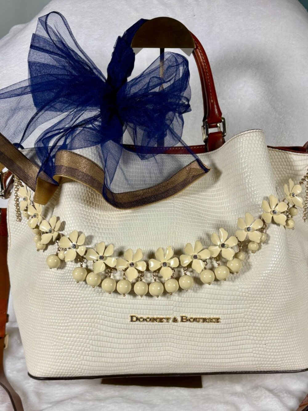 Dooney & Bourke Large Barlow Tote White Lizard Embossed Leather, Scarf and Chain